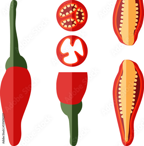 Set of Peri peri chili peppers. Piri Piri. Piripiri. Pili pili. Bird's eye peppers. Siling labuyo. Vegetables. Flat style. Vector illustration isolated on white background.
