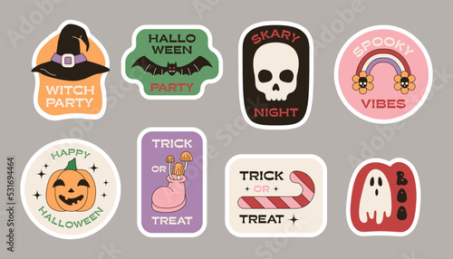 Set of Halloween stickers. Retro groovy illustration