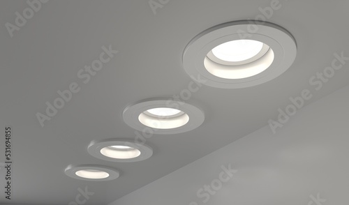Spotlights recessed ceiling 3D render. Realistic interior room with round glowing downlights at night. Artificial lighting, LED lamps for home or office on dark background, angle view photo