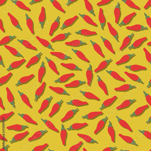 Seamless pattern with Peri peri chili peppers. Piri Piri. Piripiri. Pili pili. Bird's eye peppers. Siling labuyo. Vegetables. Vector illustration isolated on yellow background. Flat style.