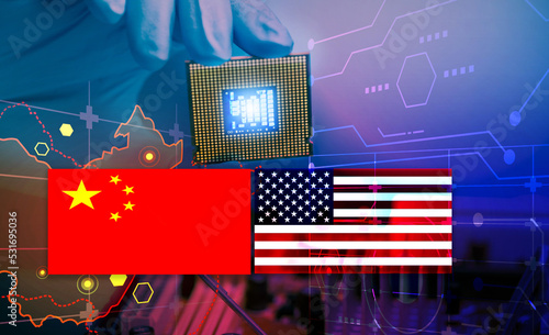 Chip shortage and US-China trade conflict. Global chip shortage crisis and China-United States trade war concept. China flag and US flag on china map and hand holding computer chip on background. photo