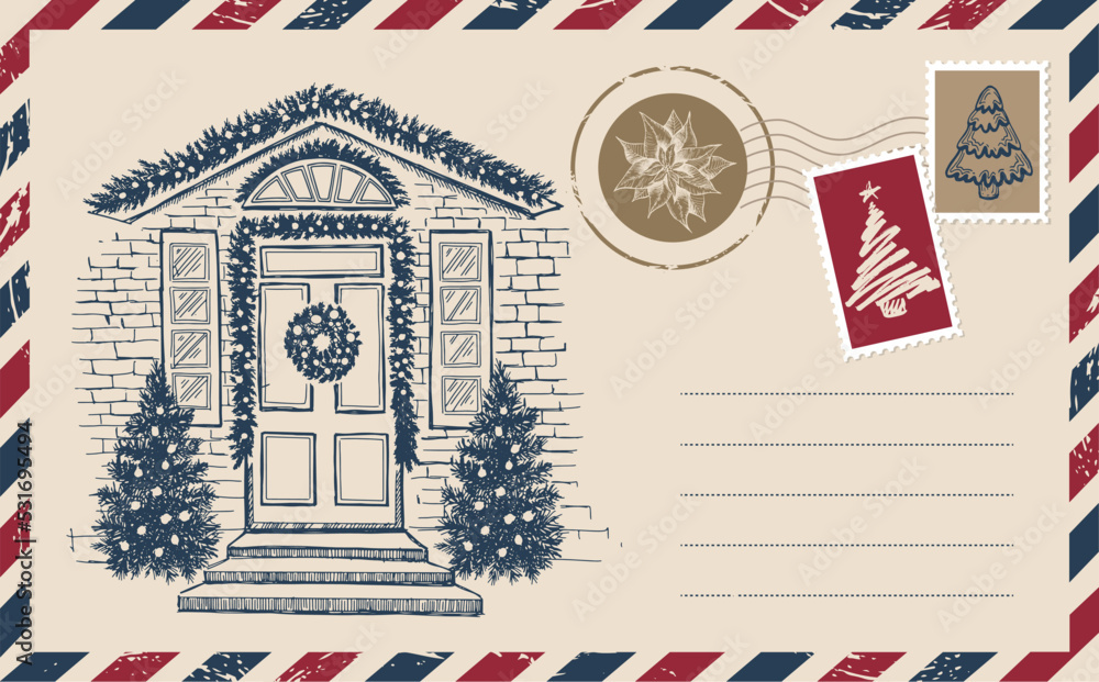 Christmas mail, postcard, hand drawn illustration. Christmas mail, postcard, hand drawn illustration.