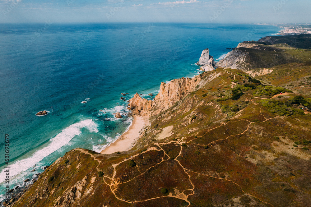 Fototapeta premium Aerial drone view of Ursa Beach near Cabo da Roca, Portugal