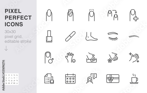 Manicure line icon set. Nail polish, pedicure, repair, eyebrow coloring, eyelash extension minimal vector illustration. Simple outline sign for beauty salon app ui 30x30 Pixel Perfect Editable Stroke