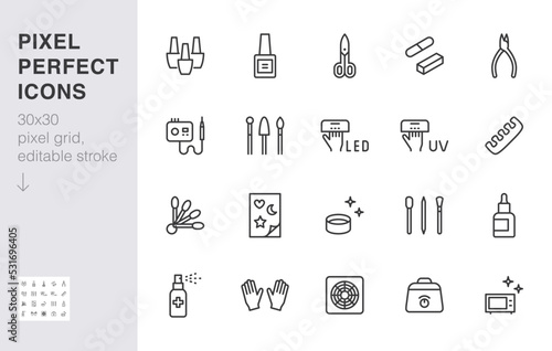 Manicure line icon set. Pedicure tools - uv lamp, nail polish, cuticle oil, rub, hood minimal vector illustration. Simple outline sign for beauty salon app ui 30x30 Pixel Perfect Editable Stroke