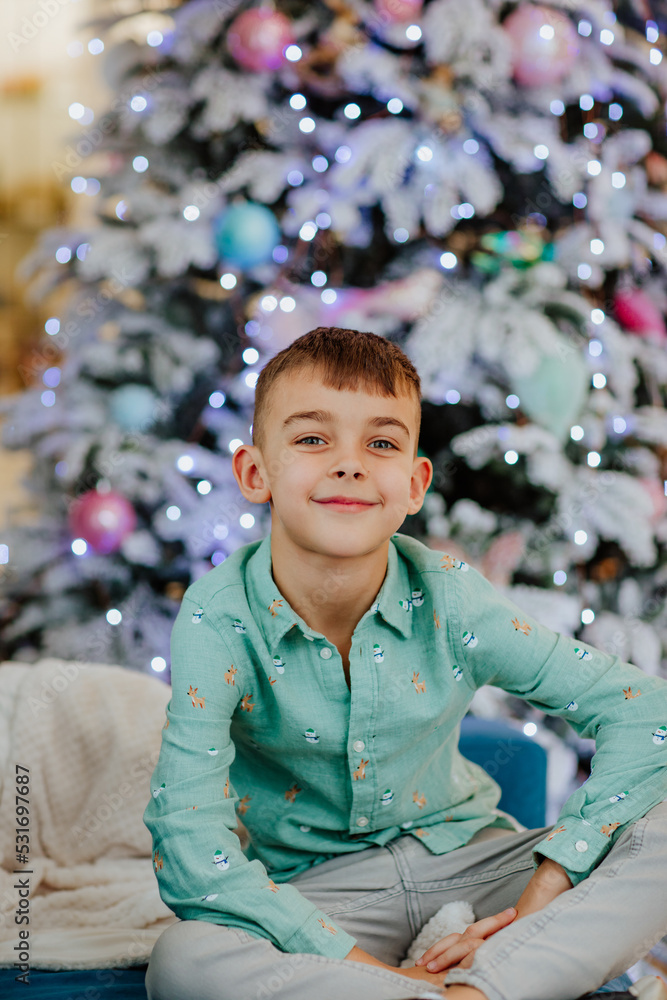 Boy sitting on the sofa and posing against Christmas tree background. Boy sitting on the sofa and posing against Christmas tree background.