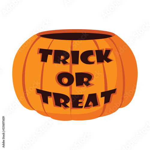 Cartoon Halloween pumpkin with trick or treat carving saying.