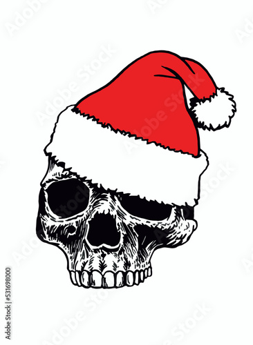 Graphical human skull in Santa Claus  hat,vector new year  illustration