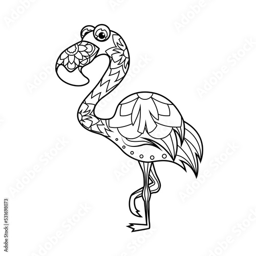 Coloring book for children. Cute flamingo in zentangle style. Task for children, can be used in a book, magazine. Vector illustration