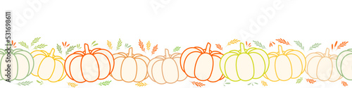 Vector illustration with cozy pumpkins. Horizontal seamless pattern, cute squash. Thanksgiving background for linen, textiles, banner. Halloween party with gourds. Hygge design.