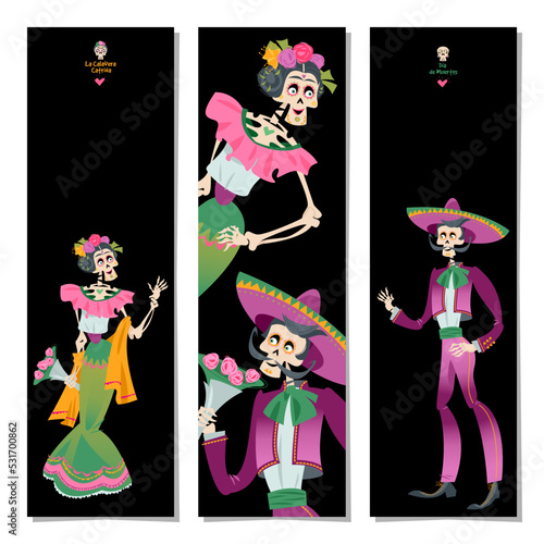 Set of 3 bookmarks with Skeleton couple in love. Dia de Muertos