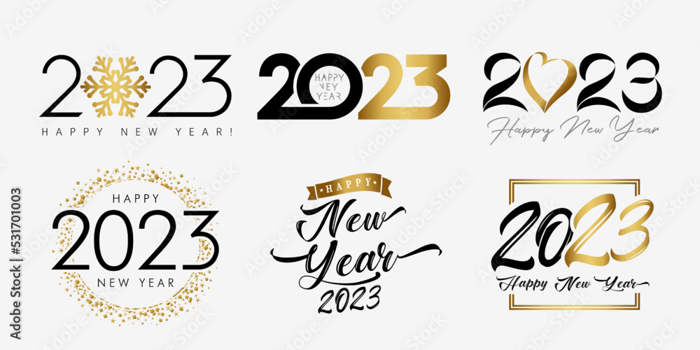Big Set of 2023 Happy New Year, golden and black logo with snowflake, heart, inscription. 20 23 isolated vector graphic design template. Creative Christmas decoration