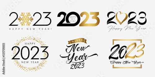 Big Set of 2023 Happy New Year, golden and black logo with snowflake, heart, inscription. 20 23 isolated vector graphic design template. Creative Christmas decoration