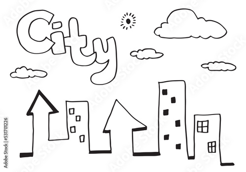 City view with office buildings, clouds and sun, hand drawn doodle vector illustration.