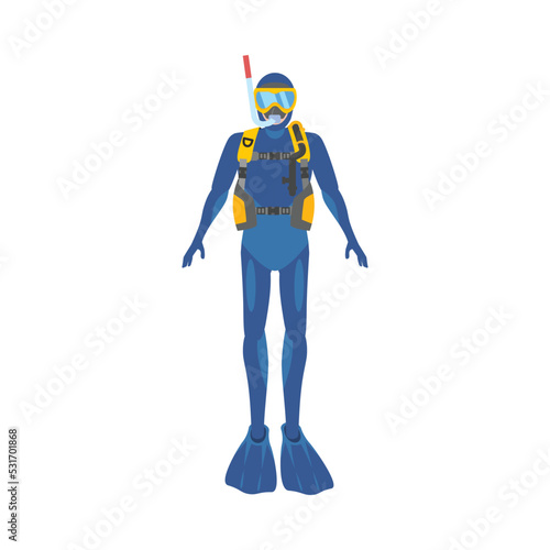 Scuba diver character fully equipped - flat vector illustration isolated on white background.