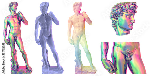 Set of Iridescent Sculpture of David by Michelangelo and parts of it. Detailed very high resolution with full transparency. Colorful 3D abstract illustration