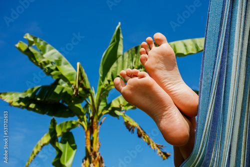 Boy rest in hammock at garden with palm trees over blue sky