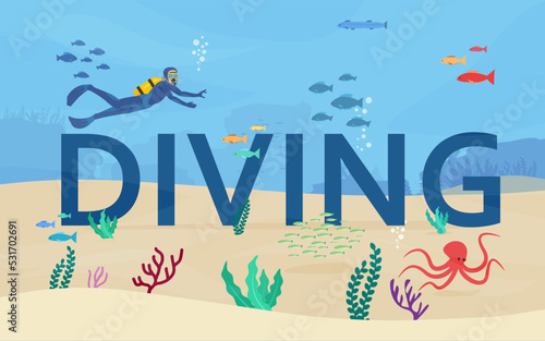 Scuba diving typographic header, underwater life concept - flat vector illustration.