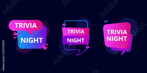 Trivia night label for promo design. trivia night labels, stickers or tags for quiz games. Quiz design elements and promotions with free gifts.