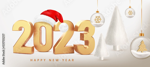 Happy New Year 2023. Numbers 2023 and white fur Christmas trees on beige background. Trendy Xmas background with glass balls, red Santa hat glitter golden confetti. Happy new year 2023 holiday.