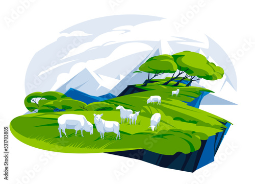 The idyllic rural landscape of the green mountain meadow with sheep in the pasture. Flat vector illustration.