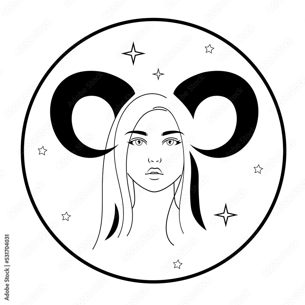 Vector line art zodiac sign aries. Abstract head girl of astrological