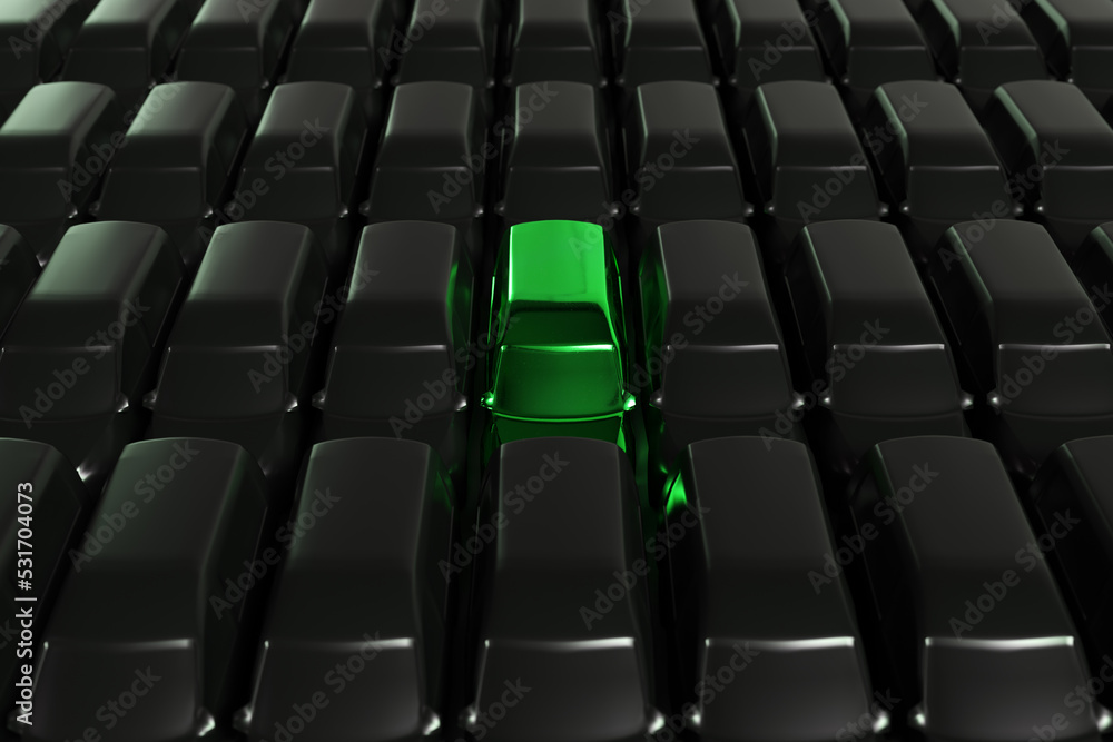 Dark abstract background with standing cars. One of the cars is highlighted. Template on the theme of ecology and unusual cars that stand out from others Dark abstract background with standing cars. One of the cars is highlighted. Template on the theme of ecology and unusual cars that stand out from others