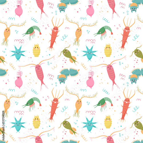 Marine seamless pattern with zooplankton organisms flat vector illustration.