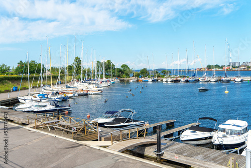 Langelinie Marina with yachts and small boats in the city of Copenhagen, Denmark. Luxurious lifestyle