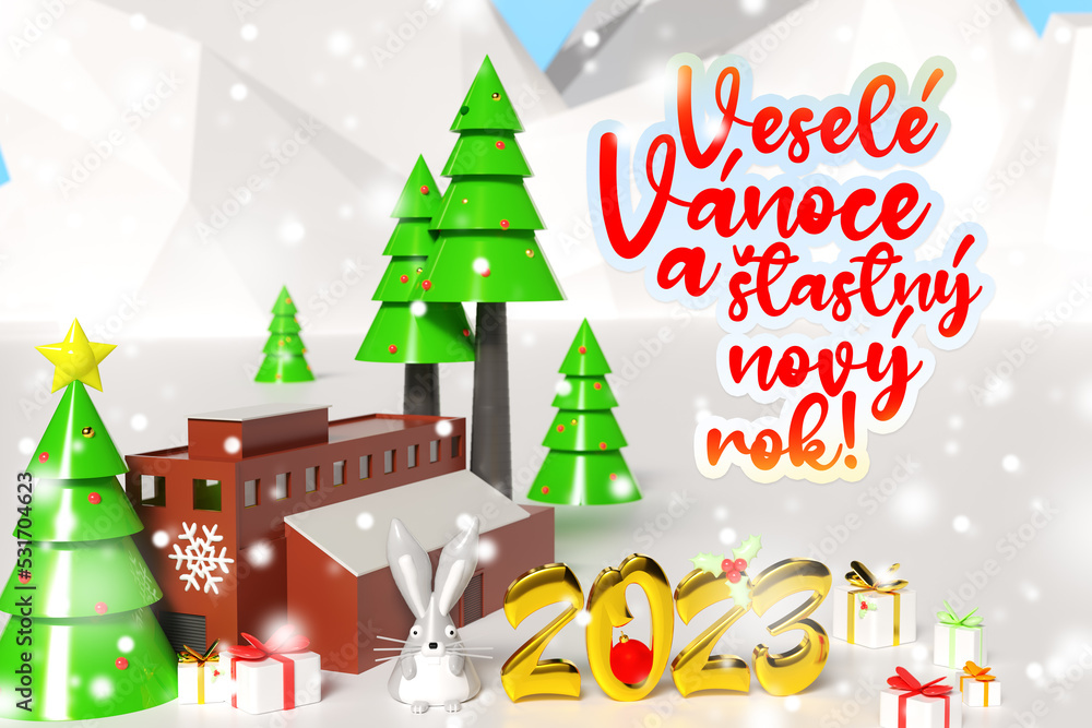 3d illustration with a warehouse or factory with Christmas trees and gifts. Festive background with text Merry Christmas and Happy New Year in Czech.