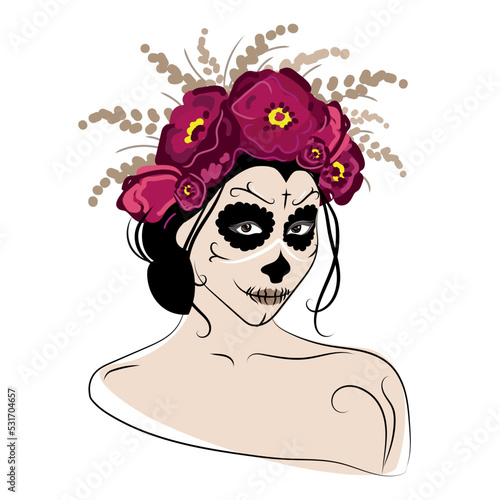 Woman face with sugar skull makeup and flower wreath on head.Calavera Catrina for poster,card emblem design vector illustration isolated.Dia de los Muertos,Mexican holiday Day of the Dead, Halloween