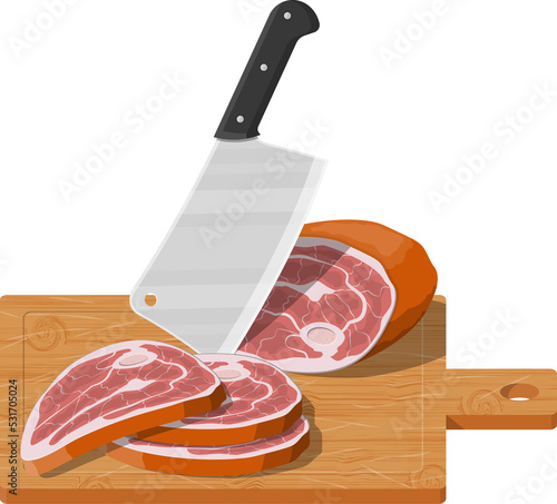 Cutting board, butcher cleaver and piace of meat. photo