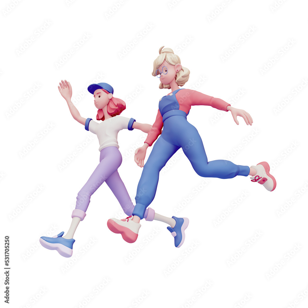 Two cute excited funny asian girls wear casual clothes compete run floating in air. Youth start-up for students, business education, internship, teamwork. 3d pastel render isolated on white backdrop.