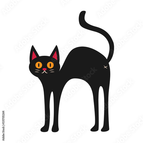 Surprised black cat with raised tail