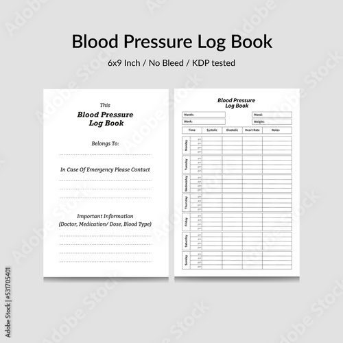 Blood pressure Logbook KDP Interior planner template design Low content pulse tracker notebook journal.