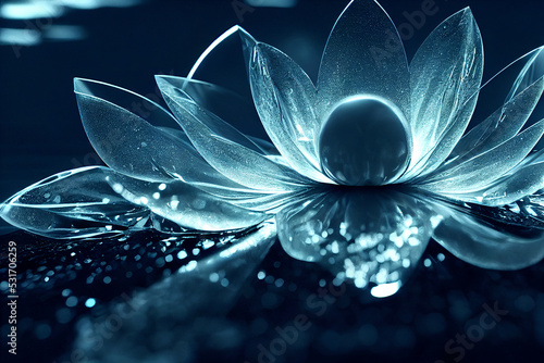 Beautiful lotus made of ice on a glowing dark blue background. Luxury background. Close-up of an icy water lily flower. Image for wedding invitations, packages, and Christmas cards. 3d illustration