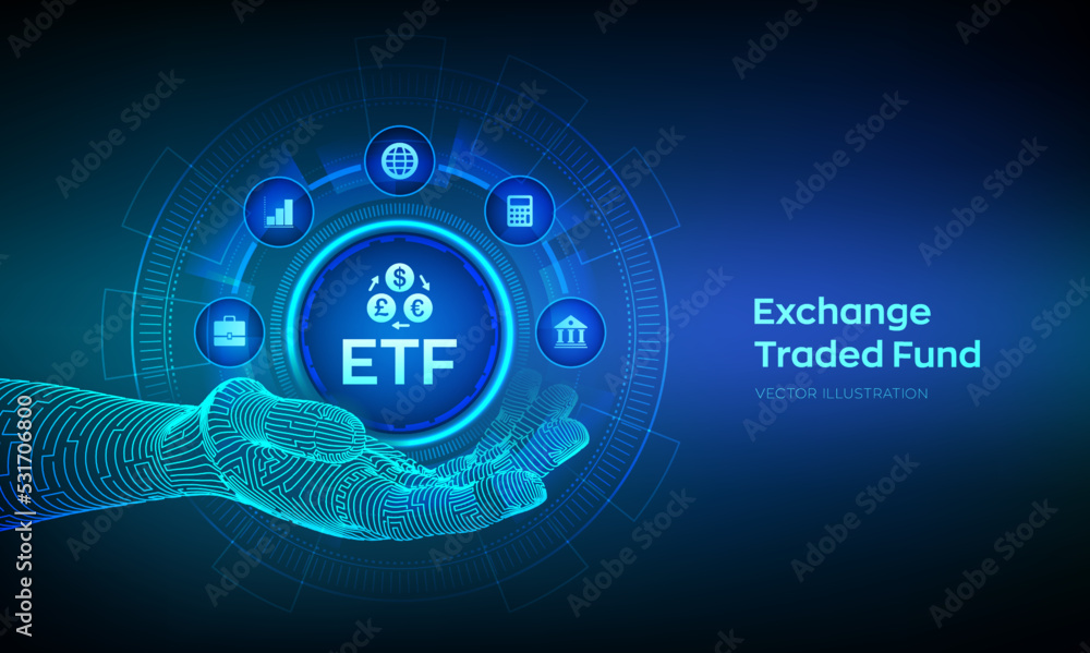 ETF. Exchange traded fund stock market trading investment financial concept in wireframe hand. Stock market index fund. Business Growth. Vector illustration.