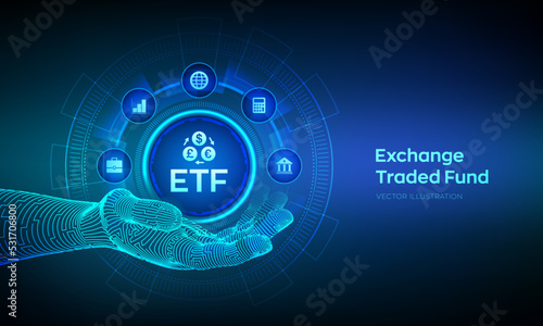Fototapeta Naklejka Na Ścianę i Meble -  ETF. Exchange traded fund stock market trading investment financial concept in wireframe hand. Stock market index fund. Business Growth. Vector illustration.