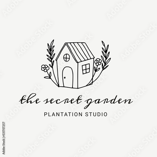 Hand Drawn Feminine Logo. Modern Flower House Logo Template for florist, photographer, fashion blogger, design studio, and interior design. Branding identity collection. Floral minimal logo
