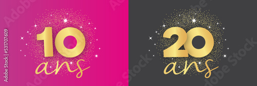 Carte anniversaire, 10 ans, 20 ans, noir, rose et or