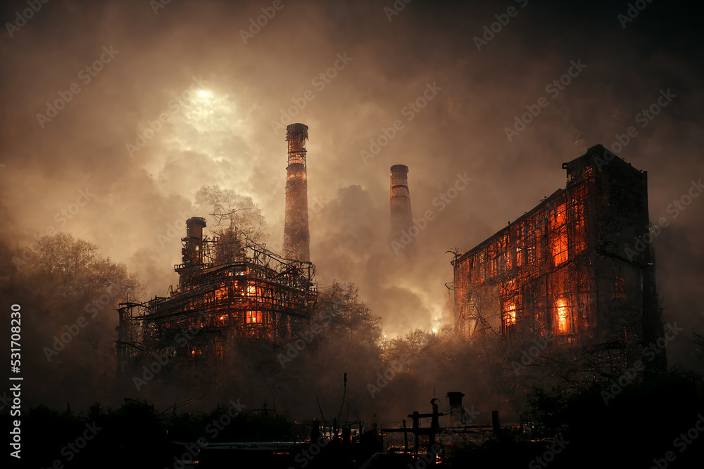 Macabre Scary Haunted Old Industrial Factory 3D Art Illustration. Derelict Spooky Industrial Buildings with Ghosts in Misty Night Scenic Background. AI Neural Network Generated Art Wallpaper