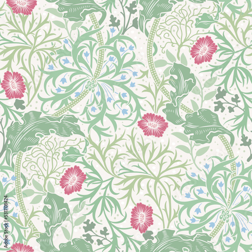 Floral seamless pattern with small red flowers and green foliage on light background. Pastel colors. Vector illustration.