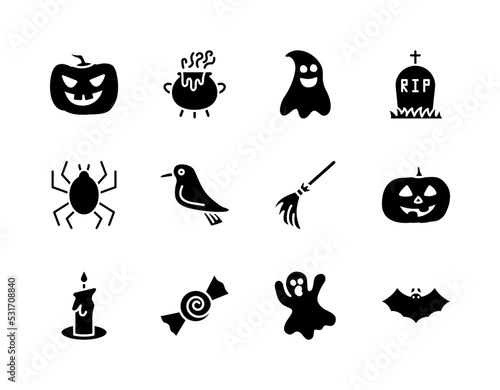 Halloween flat line icons set. Horror symbols - Pumpkin, Ghost, Bat, Grave, Candy. Simple flat vector illustration for web site or mobile app