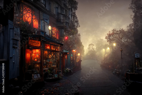 Misty Street of Autumn Old Town Mystical Scary District 3D Art Illustration. Spooky Witch Alley of Oldtown Halloween Horror Movie Atmosphere Background. AI Neural Network Generated Artwork
