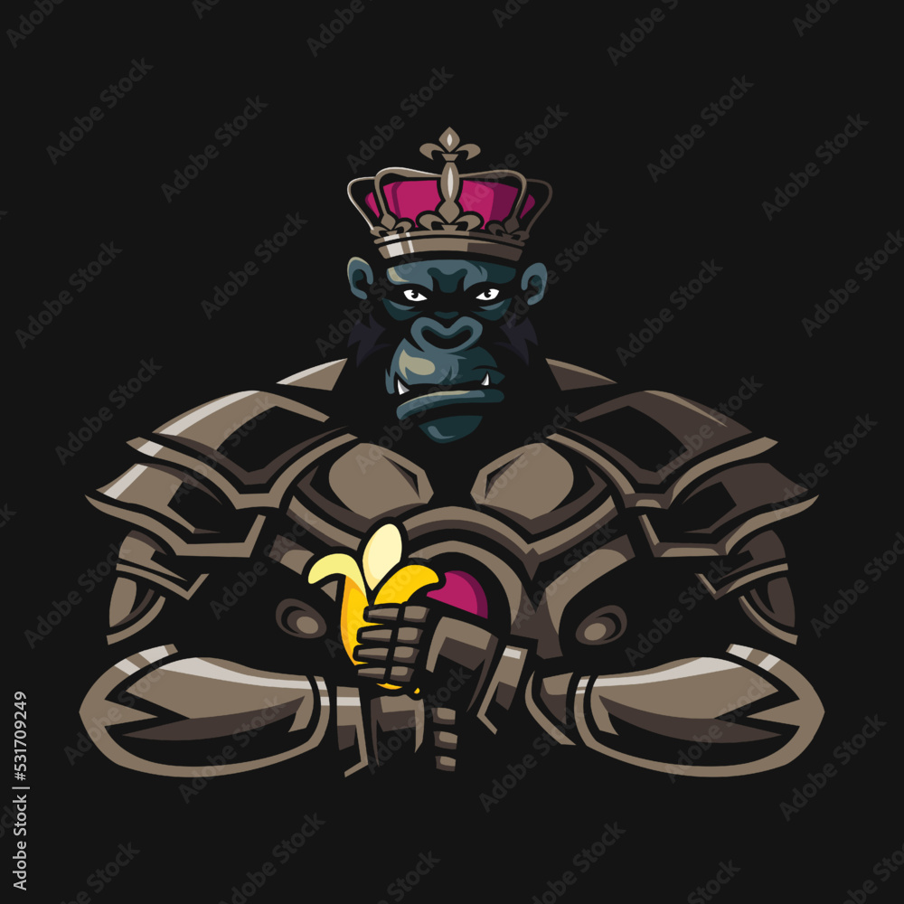 Illustration of King Kong wearing gold armor while carrying a banana.