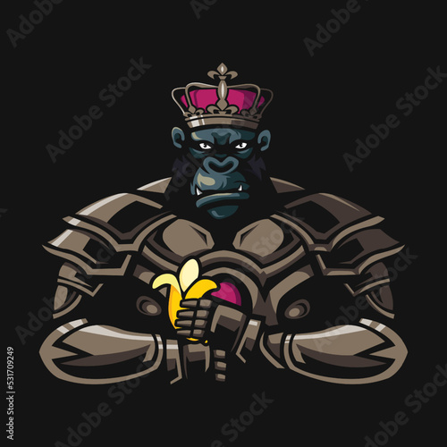 Illustration of King Kong wearing gold armor while carrying a banana.