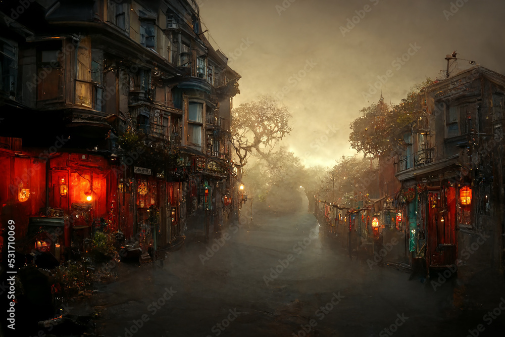 Scary Ghost Street Of Mystical Old Town 3D Art Illustration 3D Art Illustration. Misty Witch Alley of Spooky Oldtown Background. Halloween Horror Movie Scene AI Neural Network Generated Art Wallpaper