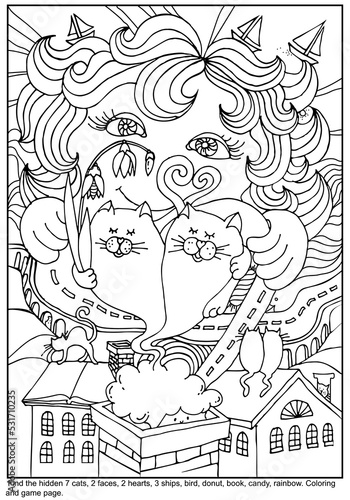 Find hidden objects. Marine, urban picture. Puzzle hidden items for kids. Seek 7 cats, 2 faces, 2 hearts, 3 ships, bird, donut, book, candy, rainbow. Coloring game page. Hand drawn vector illustration