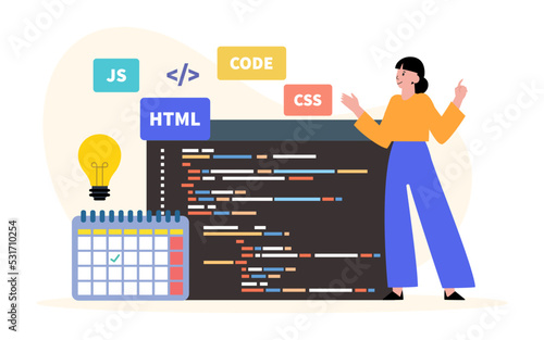 Programming with the programming language. CSS, HTML, JS. program code on screen laptop. vector illustration.