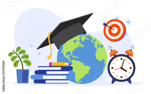 Globe with graduation cap. Distance education. Concept of global business study, abroad educational. vector illustration.
